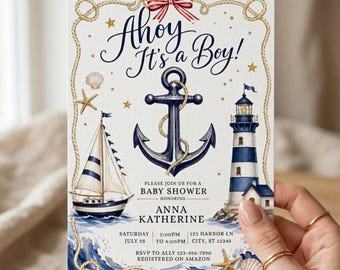 Ahoy It’s a Boy Invitation Template, Nautical Baby Shower Invite, Anchor Sailor Boat Theme, Ocean Marine Boy Baby Shower Template