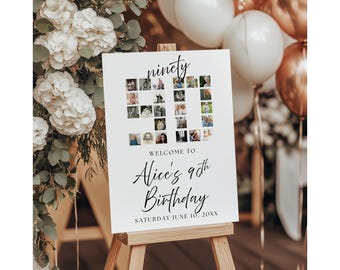 Editable 90th Birthday Welcome Poster | Photo Montage Birthday Entrance Sign | 90 Years Loved Decor | Elegant Photo Collage Sign