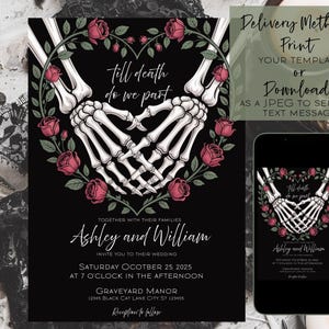 May include: Black wedding invitation with skeleton hands forming a heart shape, surrounded by red roses and green leaves. The text reads "Till death do we part" and includes wedding details. A phone displays the invitation.