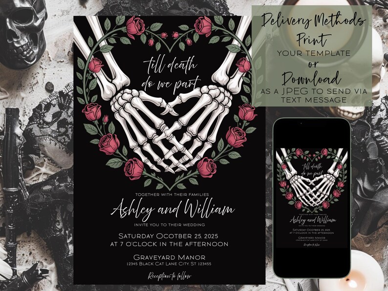 May include: Black wedding invitation with skeleton hands forming a heart shape, surrounded by red roses and green leaves. The text reads "Till death do we part" and includes wedding details. A phone displays the invitation.