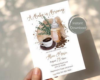 Coffee Bean Baby Shower | Coffee Baby Invite | Baby Brewing invite | Coffee Theme Baby Shower | Coffee Bean Baby | Editable Template