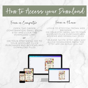 May include: An instructional graphic titled How to Access your Download with text explaining steps for computers and phones. Below, a computer monitor, tablet, and smartphone display a Halloween party invitation template on a white marble background.