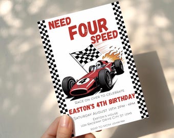 Brauchen Sie Vier-Gang-Rennwagen-Geburtstags-Einladungs-Vorlage | Auto 4th Birthday | Junge Rennauto Geburtstag | Rennauto-Telefon einladen | Rennstrecke einladen