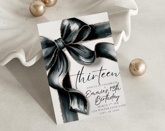 Editable Black Bow 13th Birthday Invite | Trendy Thirteenth Girl Party Invitation | Modern Teenager | Girls Ribbon Canva Template