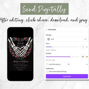 May include: A black smartphone displays a gothic wedding invitation with skeleton hands forming a heart, surrounded by roses. The text reads "Till death do us part." The image also shows a download screen with file type and size options.