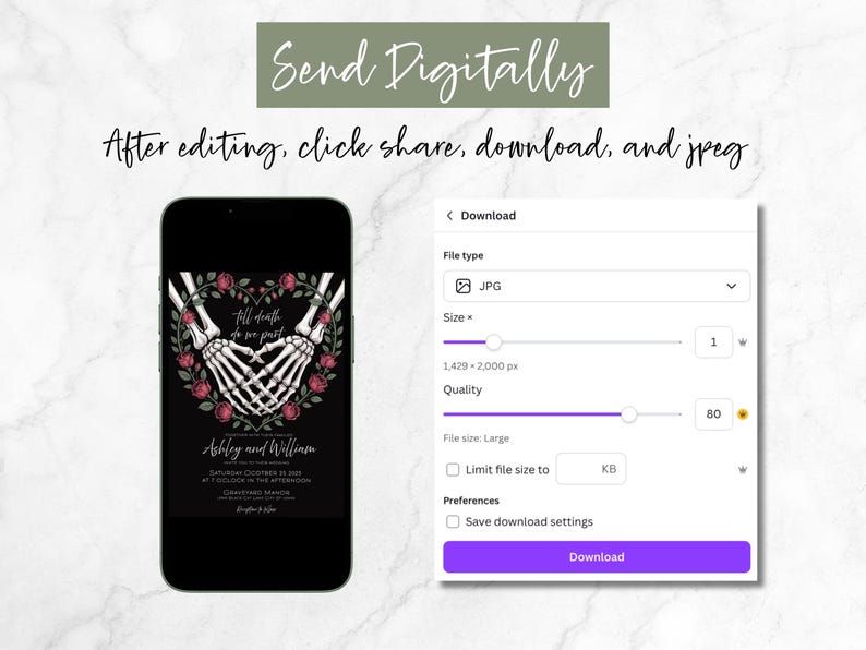 May include: A black smartphone displays a gothic wedding invitation with skeleton hands forming a heart, surrounded by roses. The text reads "Till death do us part." The image also shows a download screen with file type and size options.