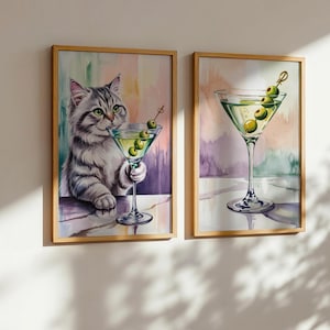 Wydruk z kotem Martini | Sztuka ścienna z wózkiem barowym | Zabawny obraz z kotem | Modne wydruki artystyczne | Wydruk koktajlowy | Sztuka ścienna z kotem | Plakat ze sztuką Martini
