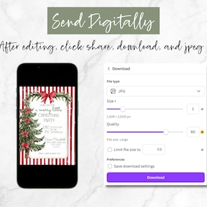 Puede incluir: Un tel&eacute;fono inteligente muestra una invitaci&oacute;n a una fiesta de Navidad con un fondo a rayas rojas y blancas, un &aacute;rbol de Navidad y un lazo rojo. La pantalla tambi&eacute;n muestra la configuraci&oacute;n de descarga de un archivo JPG.