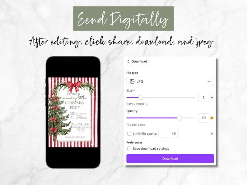 Puede incluir: Un tel&eacute;fono inteligente muestra una invitaci&oacute;n a una fiesta de Navidad con un fondo a rayas rojas y blancas, un &aacute;rbol de Navidad y un lazo rojo. La pantalla tambi&eacute;n muestra la configuraci&oacute;n de descarga de un archivo JPG.