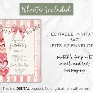 May include: A digital invitation for a Galentine's Party, featuring a pink and white striped background with a bow and heart accents. The invitation is 5x7 inches and suitable for print, email, and text messaging.