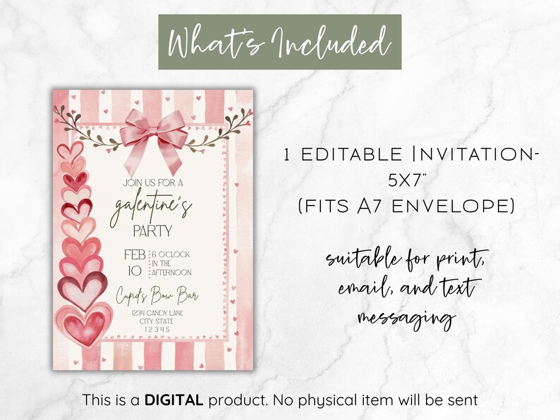 May include: A digital invitation for a Galentine's Party, featuring a pink and white striped background with a bow and heart accents. The invitation is 5x7 inches and suitable for print, email, and text messaging.