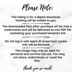 May include: White background with black script text that reads "Please Note:" followed by information about a digital download, including file delivery and usage restrictions.