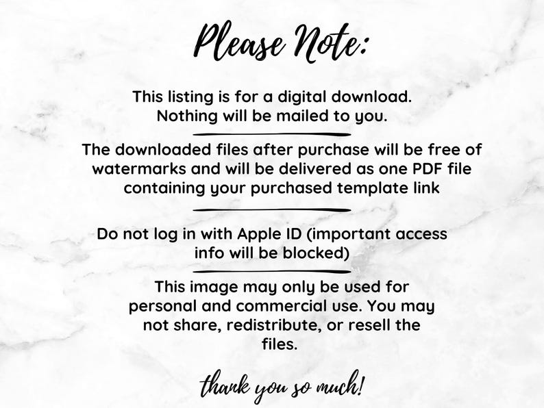 May include: White background with black script text that reads "Please Note:" followed by information about a digital download, including file delivery and usage restrictions.