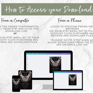 May include: Image showing instructions on how to access a digital download from Etsy. The text is displayed on a computer, tablet, and phone. The instructions are divided into sections for computer and phone users.