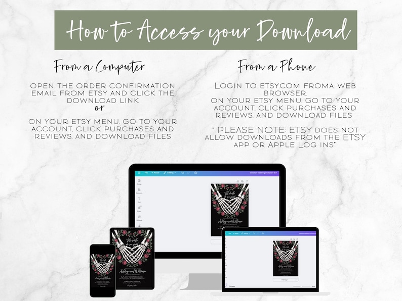 May include: Image showing instructions on how to access a digital download from Etsy. The text is displayed on a computer, tablet, and phone. The instructions are divided into sections for computer and phone users.