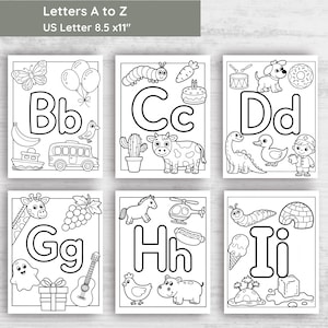 May include: Black and white line art illustrations of letters B, C, D, G, H, and I with corresponding objects. The text "Letters A to Z" and "US Letter 8.5 x11" is at the top.