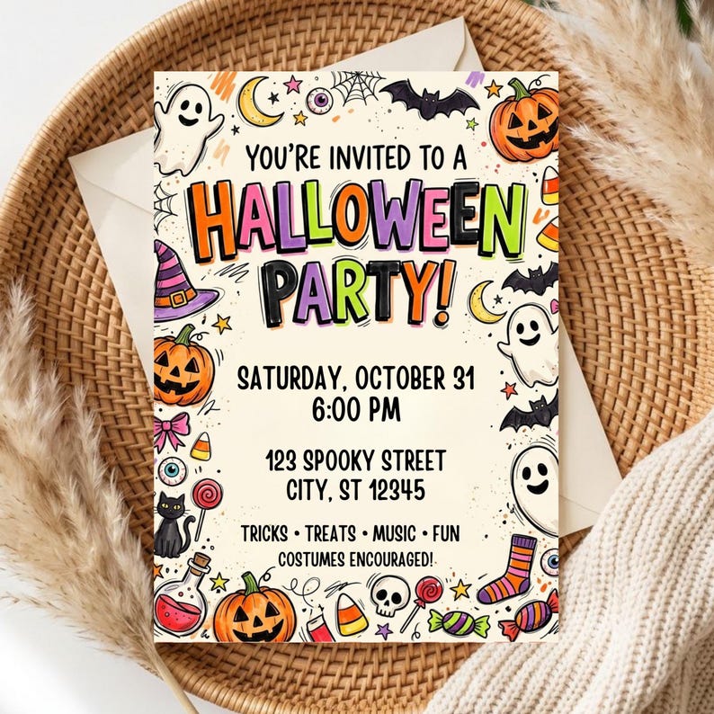 May include: A rectangular Halloween party invitation card featuring colorful text that reads You're Invited To A Halloween Party, Saturday, October 31, 6:00 PM, 123 Spooky Street, City, ST 12345, Tricks, Treats, Music, Fun, Costumes Encouraged.