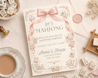 Watercolor Mahjong Game Night Invitation | Mah Jongg Party Invite | Mahjong Cocktails Club |Girls Game Night | Girl's Preppy Birthday