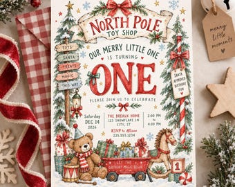 North Pole Invite, Winter Birthday, Santa Workshop, Pajama Party Invite, Festive Invitation, Digital Xmas Invite, Holiday Party Invite