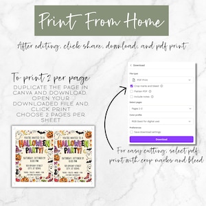 May include: An instructional graphic for printing Halloween party invitations at home. It features text steps, a digital download menu interface, and a preview of two identical party invitations with pumpkins, ghosts, and bats on a page.