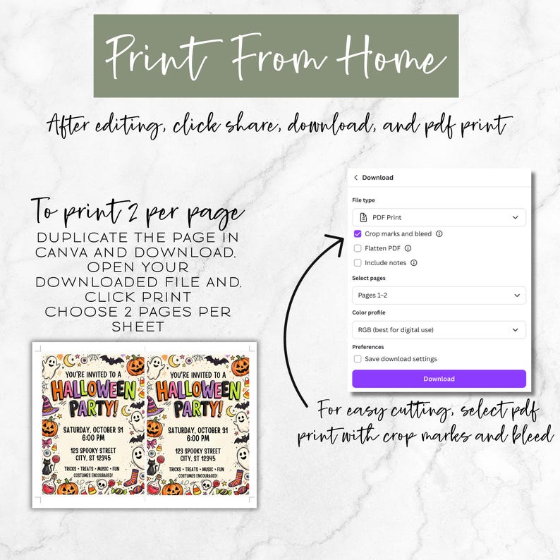 May include: An instructional graphic for printing Halloween party invitations at home. It features text steps, a digital download menu interface, and a preview of two identical party invitations with pumpkins, ghosts, and bats on a page.