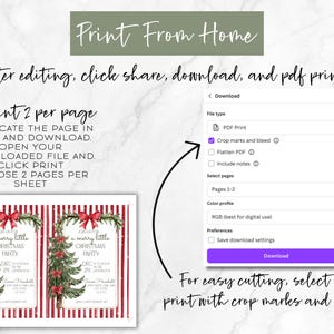 Puede incluir: Gu&iacute;a de descarga digital para imprimir invitaciones de fiesta navide&ntilde;a en casa. La imagen muestra instrucciones para descargar e imprimir, incluyendo la selecci&oacute;n de 'marcas de corte y sangrado' para un corte f&aacute;cil. Se muestran dos dise&ntilde;os de invitaci&oacute;n.