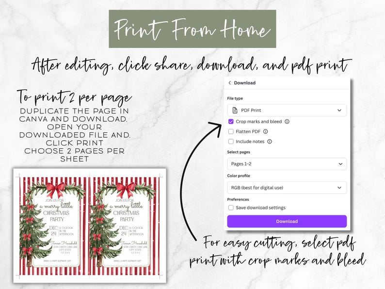 Puede incluir: Gu&iacute;a de descarga digital para imprimir invitaciones de fiesta navide&ntilde;a en casa. La imagen muestra instrucciones para descargar e imprimir, incluyendo la selecci&oacute;n de 'marcas de corte y sangrado' para un corte f&aacute;cil. Se muestran dos dise&ntilde;os de invitaci&oacute;n.