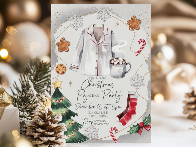 May include: A Christmas Pajama Party invitation with watercolor illustrations. The design features a white pajama top, a mug of hot cocoa, gingerbread cookies, candy canes, and a Christmas tree. The invitation text reads "Join us for a Christmas Pajama Party".