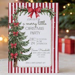Puede incluir: Invitaci&oacute;n a una fiesta de Navidad con un &aacute;rbol de Navidad en acuarela y lazos rojos. La invitaci&oacute;n tiene un borde a rayas rojas y blancas e incluye el texto "Join us for a merry little Christmas party".