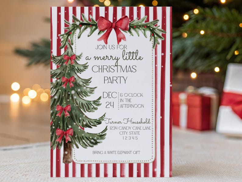 Puede incluir: Invitaci&oacute;n a una fiesta de Navidad con un &aacute;rbol de Navidad en acuarela y lazos rojos. La invitaci&oacute;n tiene un borde a rayas rojas y blancas e incluye el texto "Join us for a merry little Christmas party".