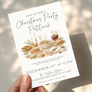 Puede incluir: Una invitación color crema para una fiesta de Navidad. La invitación presenta ilustraciones en acuarela de una comida festiva, que incluye una olla de sopa, pan y varios platos. El texto dice "Únase a nosotros para una fiesta de Navidad" e incluye la fecha, la hora y el lugar.