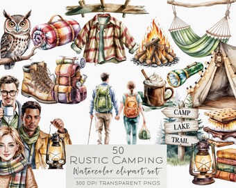 Watercolor Camping Clipart Collection | Cozy Journal PNG | Mountaineers | Adventurous Hiking | Adventurous Digital Stickers | Commercial Use