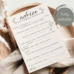 May include: A cream-colored advice card for new parents, featuring the text "advice for the new parents" and fill-in-the-blank prompts. The card includes illustrations of a rattle and a baby carriage. The words "Fully editable" are also visible.