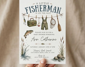 Little Fisherman Baby Shower Invitation, Fishing Baby Shower Invite, Gone Fishing Shower, Rustic Boy Baby Shower Template