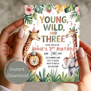 Invitación de cumpleaños de safari para niños pequeños y tres niños pequeños / Safari para tercer cumpleaños / Invitación de animales de la selva / Invitación de cumpleaños para niños / Invitación editable