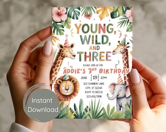 Young Wild and Three Safari Birthday Invitation | Safari 3rd Birthday | Jungle Animals Invitation | Kid Bday Invite | Editable Invite