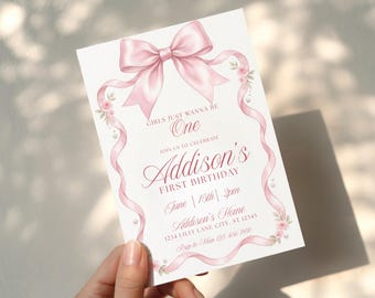 Girls Wanna Be One Invite, Pink Bow Invitation, Bow First Birthday, Coquette Birthday, Pink Ribbon Invite, Elegant Pink Bow Birthday Invite