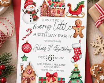 Editable Merry Little Birthday Party Invitation | Winter Christmas Invitation | Oh What Fun Holiday Birthday | Festive Party Evite