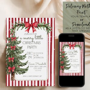 Puede incluir: Invitaci&oacute;n a una fiesta navide&ntilde;a con un &aacute;rbol de Navidad en acuarela y detalles de lazos rojos. La invitaci&oacute;n est&aacute; sobre un fondo a rayas rojas y blancas. Un smartphone muestra la invitaci&oacute;n. El texto incluye "Join us for a merry little Christmas party."
