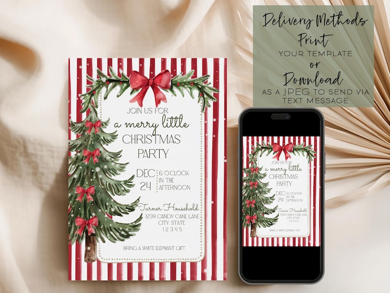 Puede incluir: Invitaci&oacute;n a una fiesta navide&ntilde;a con un &aacute;rbol de Navidad en acuarela y detalles de lazos rojos. La invitaci&oacute;n est&aacute; sobre un fondo a rayas rojas y blancas. Un smartphone muestra la invitaci&oacute;n. El texto incluye "Join us for a merry little Christmas party."