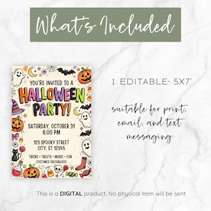 May include: A digital Halloween party invitation template measuring 5x7 inches. The design features colorful illustrations of ghosts, pumpkins, bats, candy, and skulls on a cream background. Text includes 'YOU'RE INVITED TO A HALLOWEEN PARTY!' and event details.