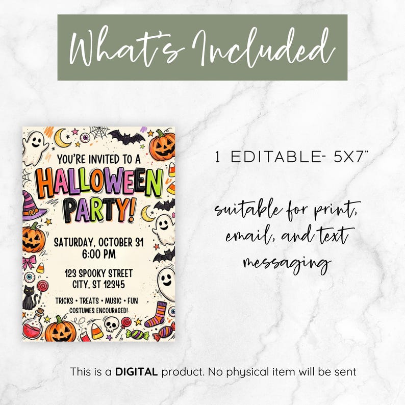 May include: A digital Halloween party invitation template measuring 5x7 inches. The design features colorful illustrations of ghosts, pumpkins, bats, candy, and skulls on a cream background. Text includes 'YOU'RE INVITED TO A HALLOWEEN PARTY!' and event details.