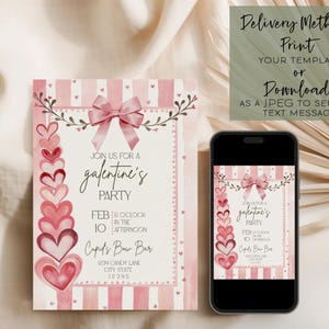 May include: A pink and white Galentine's Party invitation with a bow and heart design. The invitation includes the text "Join us for a Galentine's Party" and event details. A smartphone displays the invitation.