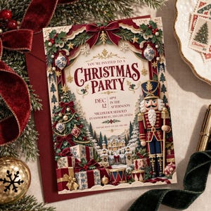 May include: A Christmas party invitation card featuring a nutcracker, a decorated tree, and gift boxes. The text reads: You're invited to a Christmas party, Dec 12, 6pm in the afternoon, Miller household, 123 Anywhere St., Any City, ST 1234.