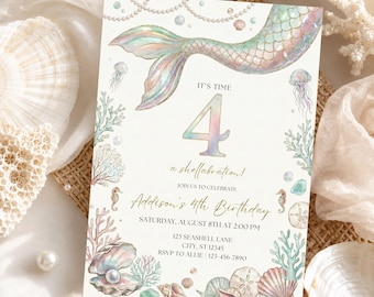 Mermaid 4th Birthday Invitation, Mermaid Bash Invites, Shellebration Invite, 4th Birthday Mermaid Party, Watercolor Mermaid Invitation