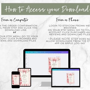 May include: Image showing instructions on how to access a digital download from Etsy. The text is displayed on a marble background with a green banner at the top. The instructions are displayed on a computer, tablet, and phone.