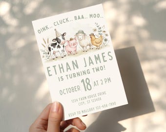 Editable Farm Animals Birthday Invitation | Oink Cluck Baa Moo Barnyard 2nd Birthday Party | Cute Animal Invite | Boho Farm Digitalinvite