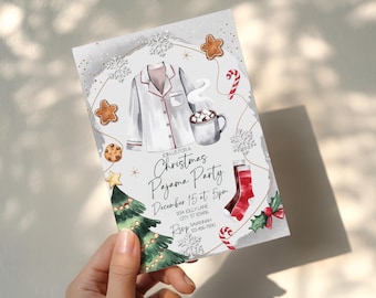 Bewerkbare kerstuitnodiging pyjamafeestje | Jammies & Jingles feestuitnodiging voor de feestdagen |  Kerstnachtfeestje | Girls Night Evite