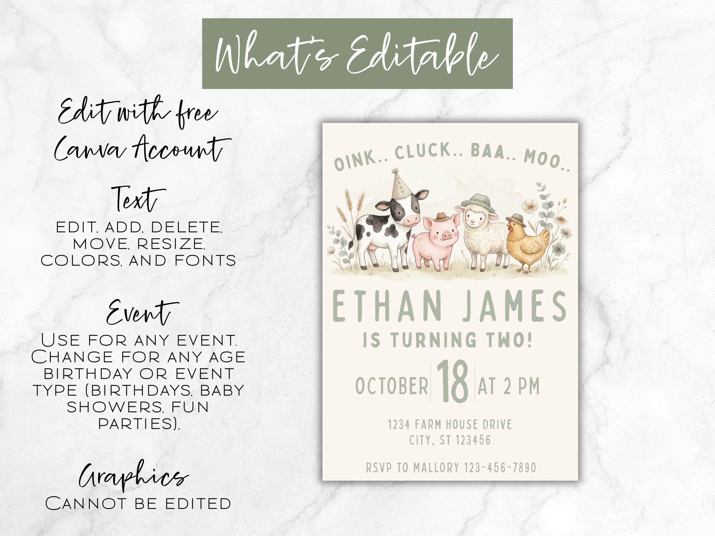 Editable Farm Animals Birthday Invitation | Oink Cluck Baa Moo Barnyard ...