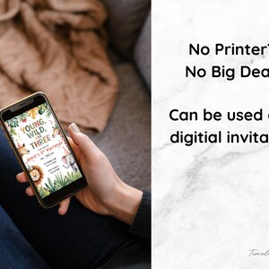 May include: A smartphone displays a digital invitation with a jungle theme for a third birthday. The invitation features the text "Young, Wild, and Three" and animal illustrations. The phone is held by a person, with additional text stating it can be used as a digital invitation.
